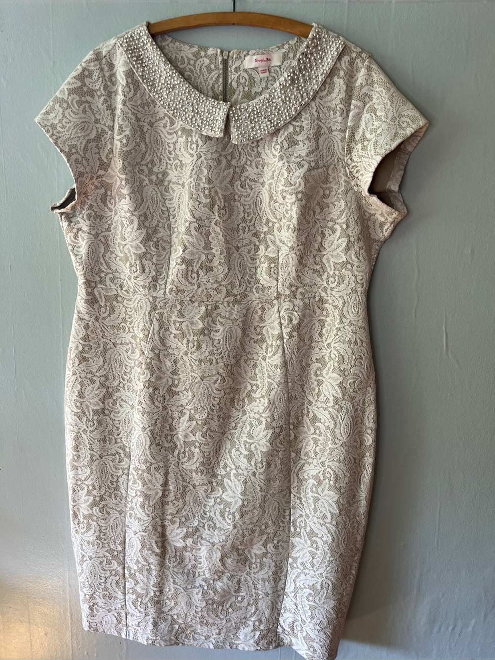 Simply Be Cream Lace Illusion Dress with Pearl Collar